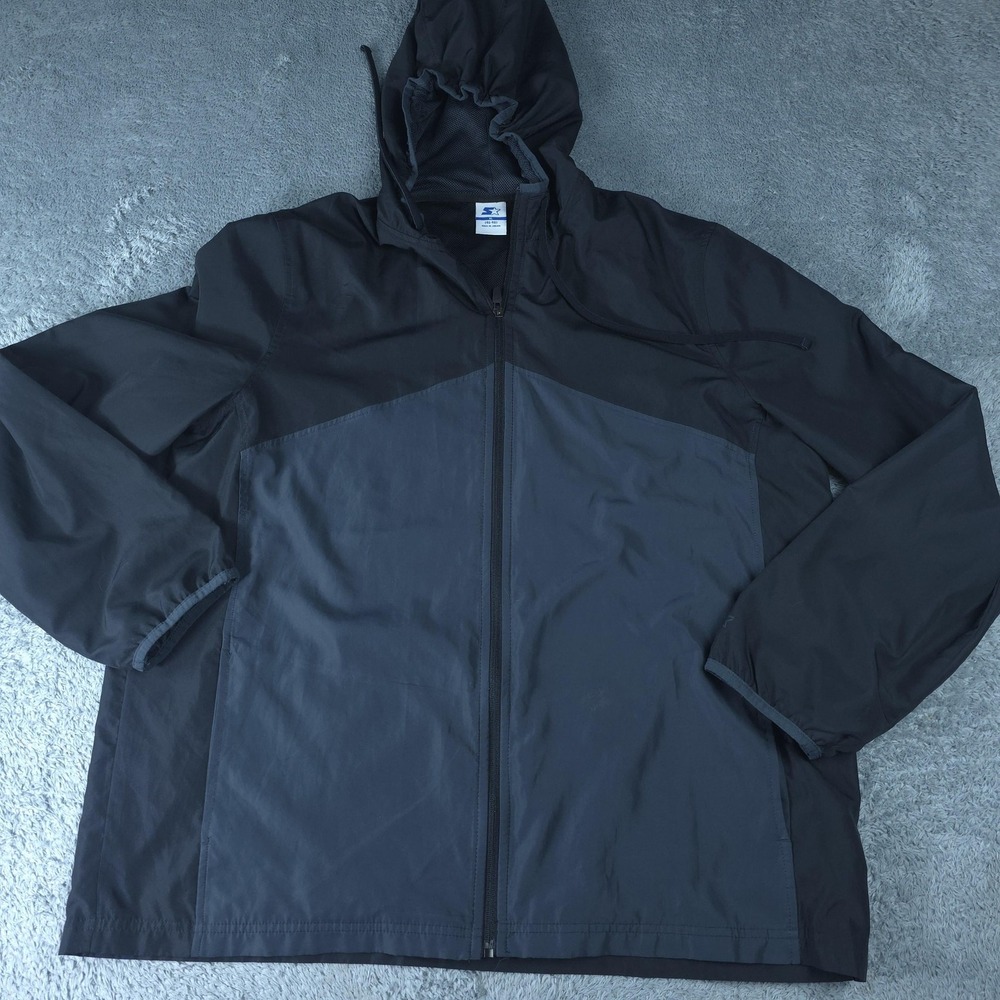 Starter Jacket Mens XL Black Hooded Full Zip Colorblock Lightweight Windbreaker